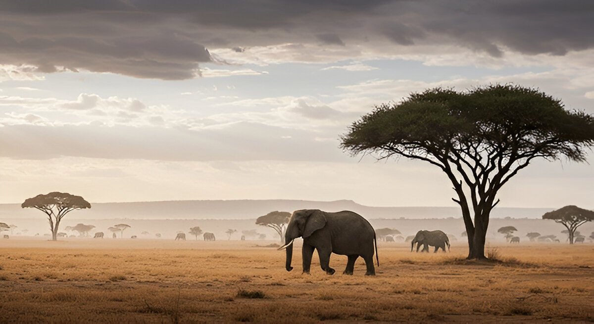 Elephants under acacia trees in Tanzania savannah at sunset.