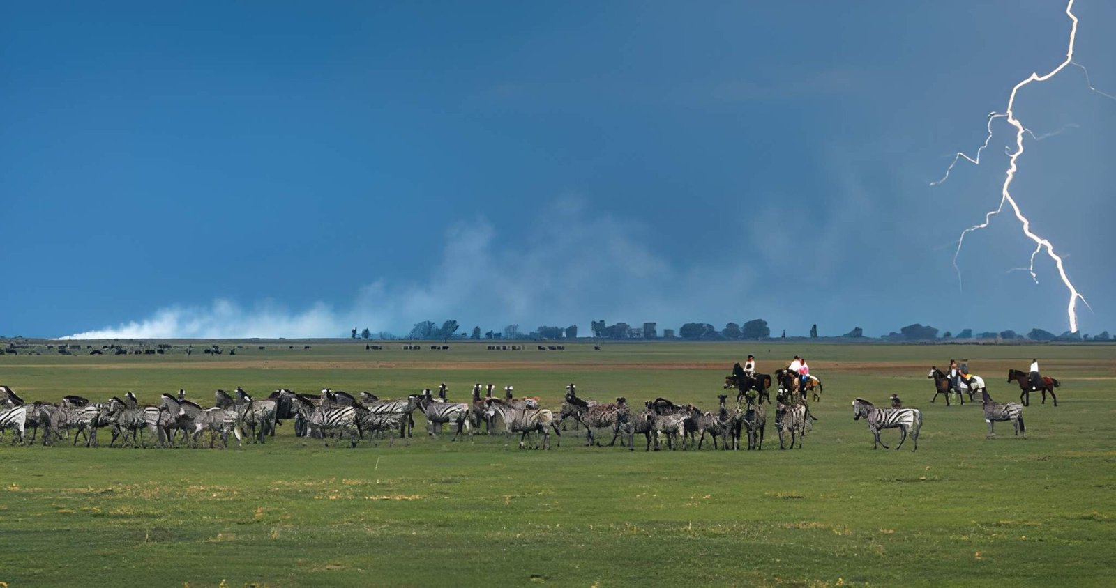 Horseback safari riders encountering a zebra herd beneath stormy African skies in Tanzania.
