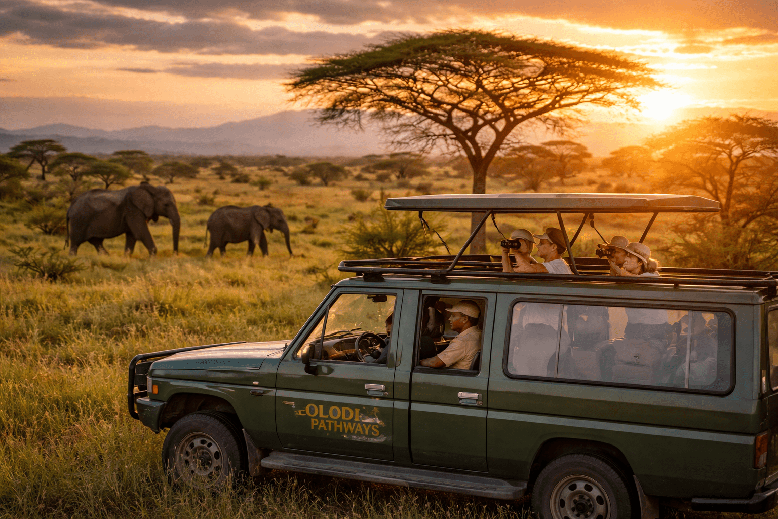 Tourists on a Tanzania safari in the Serengeti with elephants, enjoying wildlife photography with Olodi African Pathways