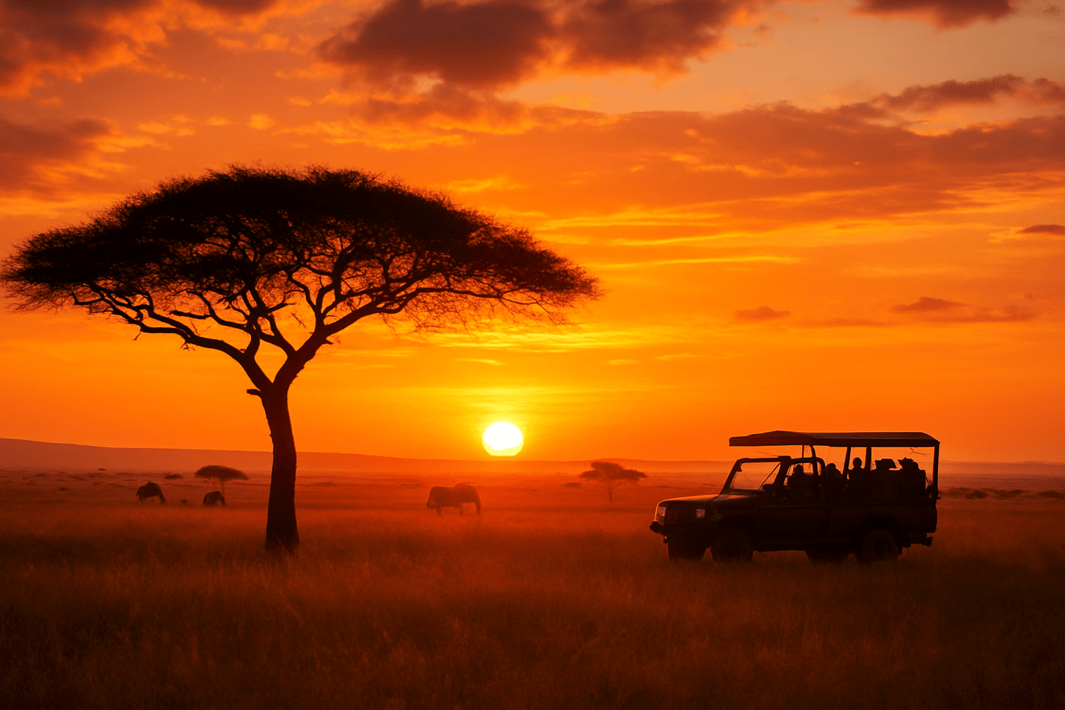 African savanna at sunset with a solitary acacia tree silhouetted against a golden sky, elephants and a safari vehicle visible in the distance on golden grasses