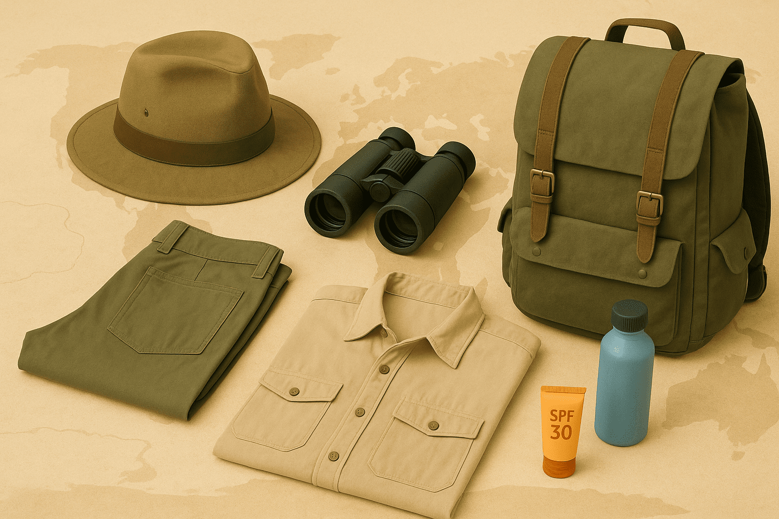 Flat lay of essential safari gear including hat, binoculars, backpack, shirt, pants, water bottle, and sunscreen, ready for African adventure.