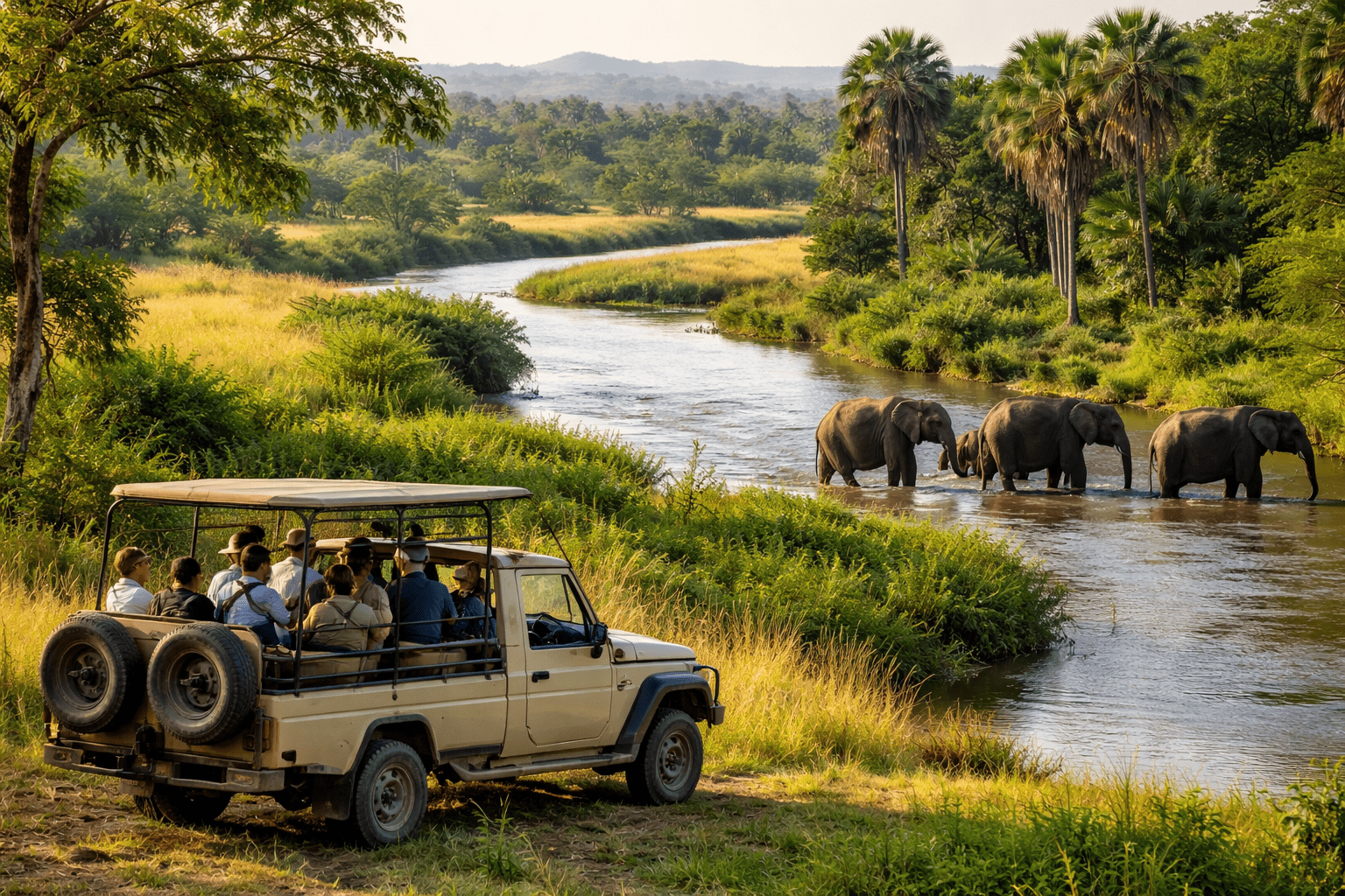 Panoramic view of Selous Game Reserve with elephants at a river, giraffes nearby, lush green vegetation, and a sunset.