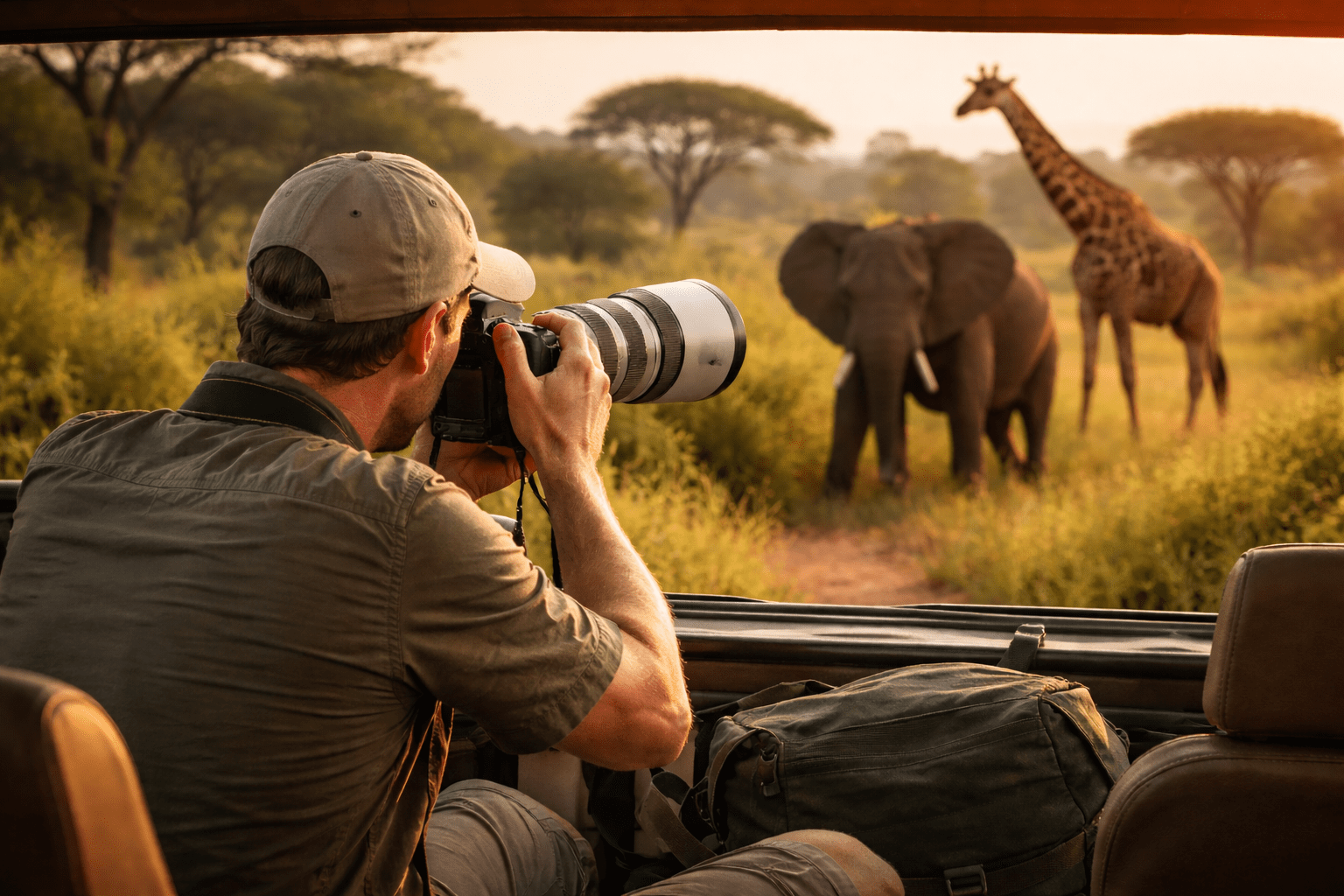 Wildlife photographer capturing elephants and giraffe during an African safari at golden hour