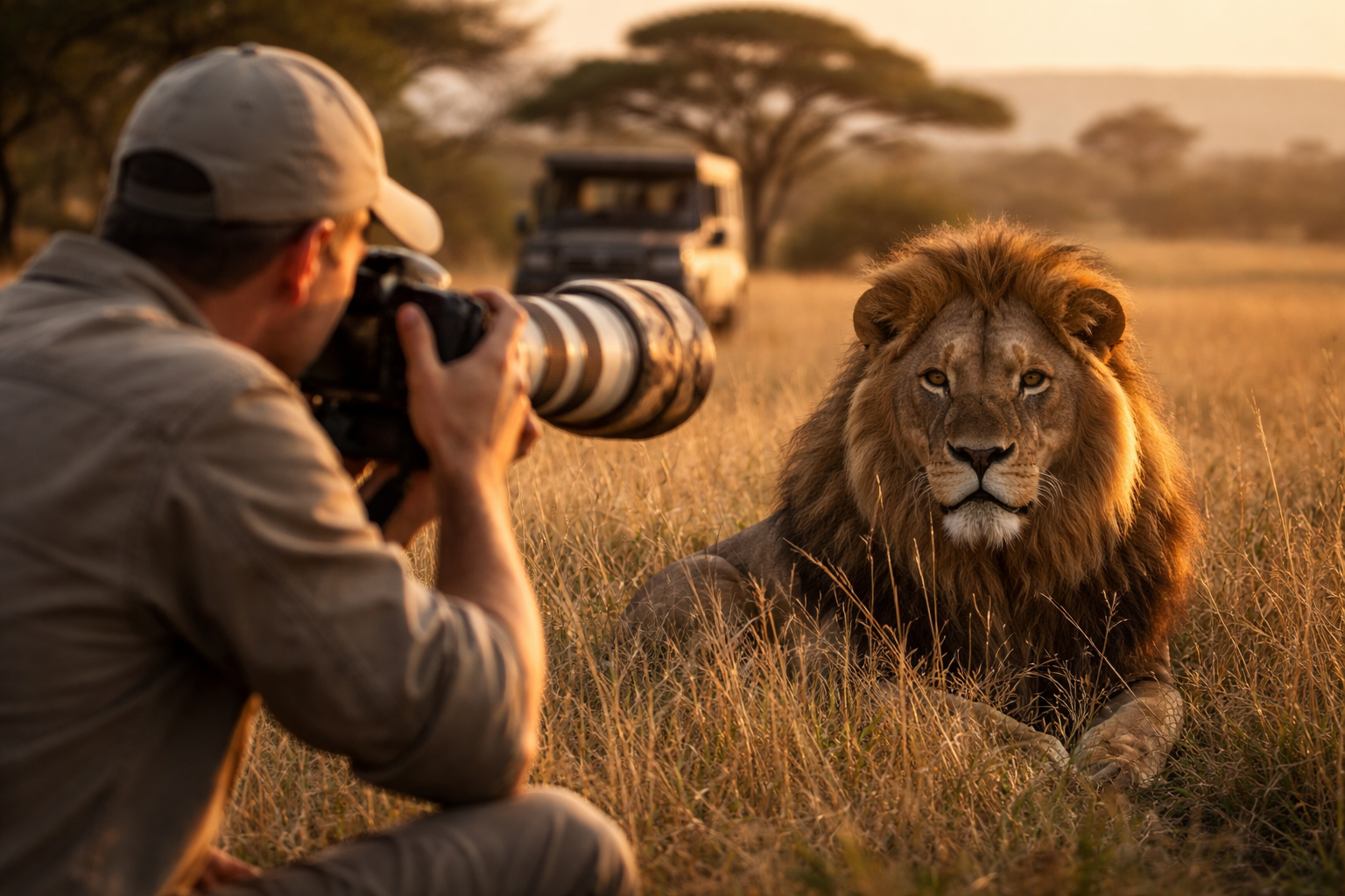 Wildlife photographer capturing a male lion on a Tanzania safari using professional camera techniques
