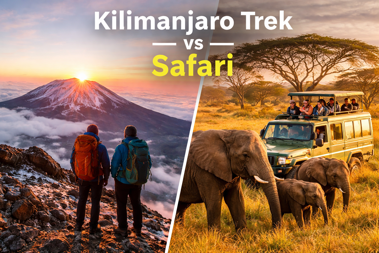 Trekking Mount Kilimanjaro at sunrise and observing elephants on a Serengeti safari in Tanzania
