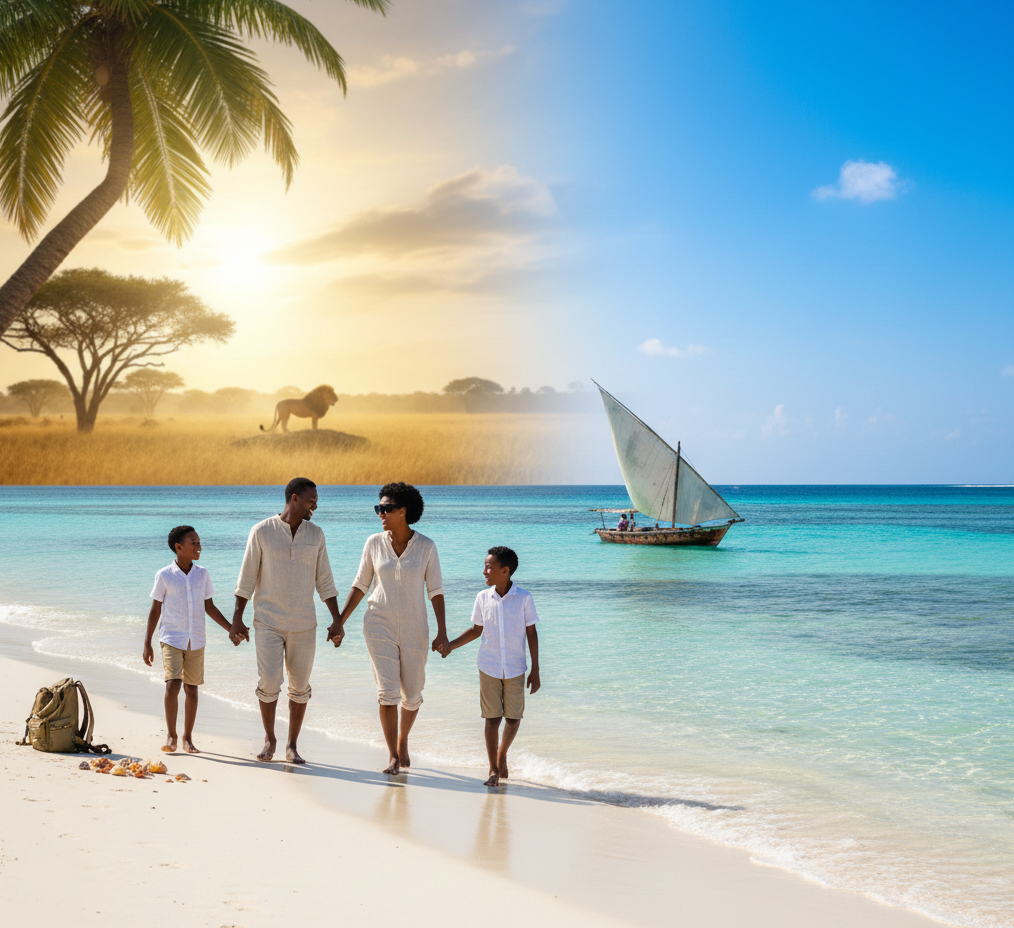 Happy family on Zanzibar beach with Serengeti safari lion sunset background - Olodi African Pathways Bush to Beach