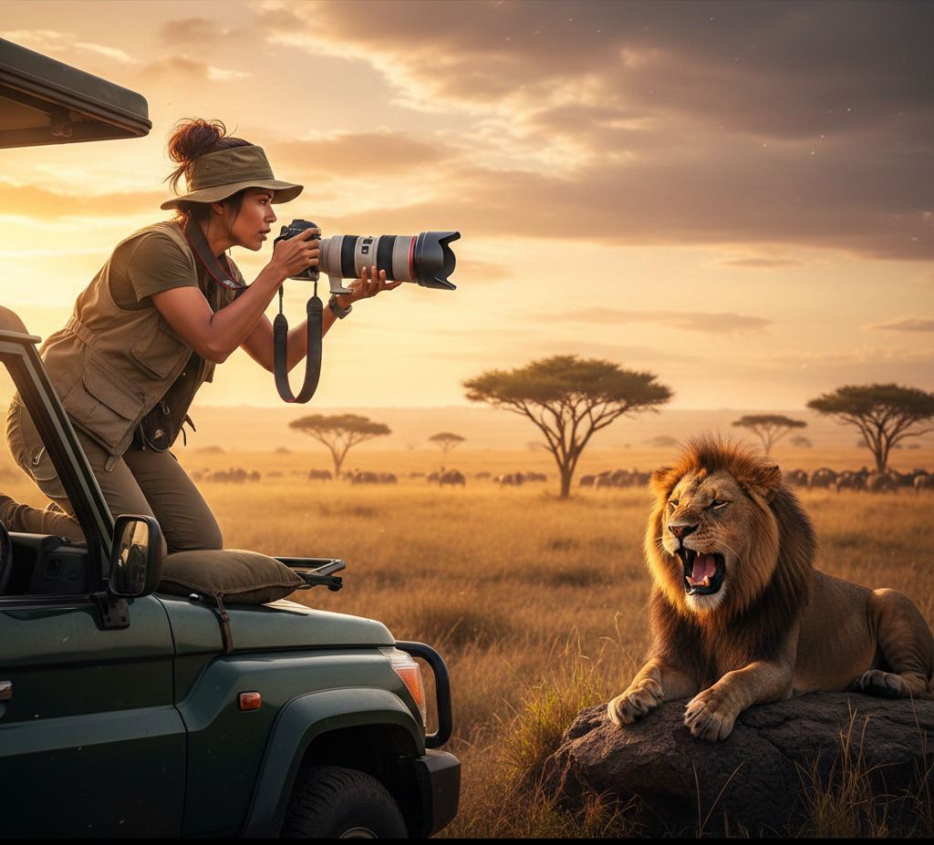 Professional photographer capturing Professional photographer capturing a roaring lion during golden hour on a Tanzania safari tour in the Serengeti.
