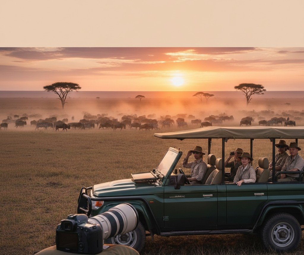 Luxury-Serengeti-safari Luxury Serengeti safari jeep during wildebeest migration sunset for 2026 Tanzania packages