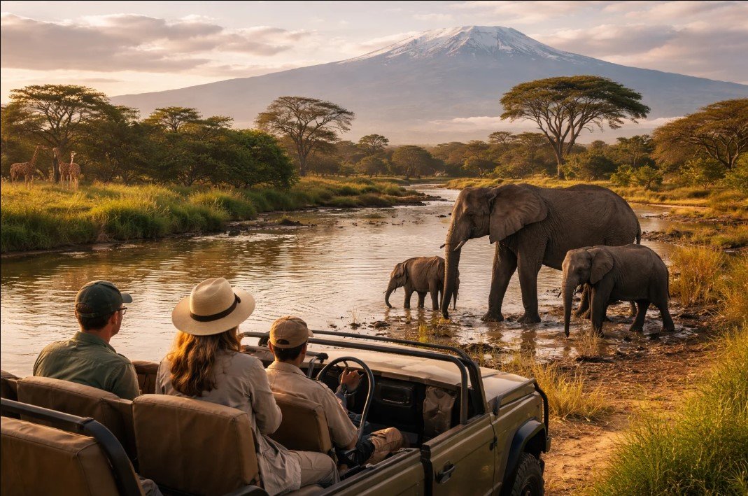 Tourists on an eco safari in Africa observing elephants and wildlife near a watering hole with Mount Kilimanjaro in the background