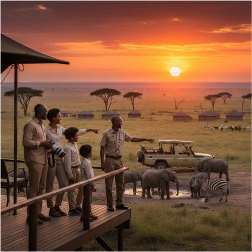 The Ultimate Serengeti Sunset Experience A family at a luxury safari lodge in Tanzania with an Olodi African Pathways guide watching elephants at sunset.
